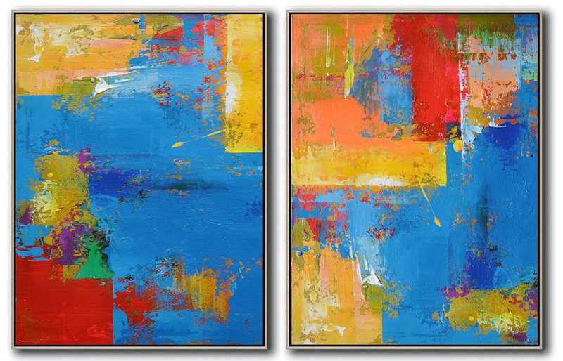 Large Modern Abstract Painting,Set Of 2 Contemporary Art On Canvas,Large Wall Canvas,Blue,Red,Yellow.etc